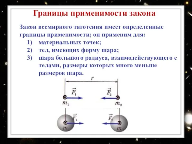 Границы применимости закона Закон всемирного тяготения имеет определенные границы применимости; он применим