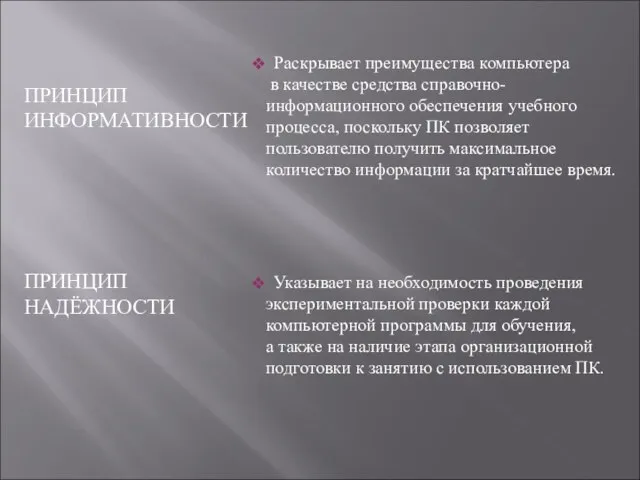 ПРИНЦИП ИНФОРМАТИВНОСТИ Раскрывает преимущества компьютера в качестве средства справочно-информационного обеспечения учебного процесса,