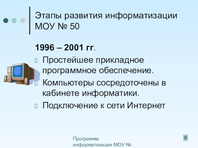 Программа информатизации МОУ № 50 Этапы развития информатизации МОУ № 50 1996