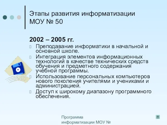 Программа информатизации МОУ № 50 Этапы развития информатизации МОУ № 50 2002