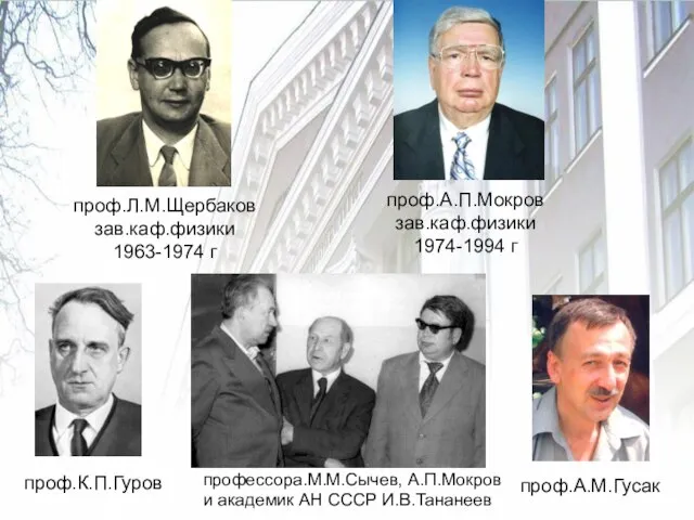 проф.Л.М.Щербаков зав.каф.физики 1963-1974 г проф.А.П.Мокров зав.каф.физики 1974-1994 г проф.К.П.Гуров проф.А.М.Гусак профессора.М.М.Сычев, А.П.Мокров