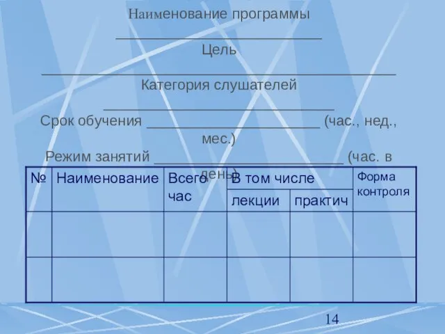 Учебный план Наименование программы _________________________ Цель ___________________________________________ Категория слушателей ____________________________ Срок обучения