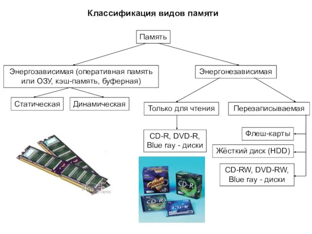 Классификация видов памяти Память Энергозависимая (оперативная память или ОЗУ, кэш-память, буферная) Энергонезависимая