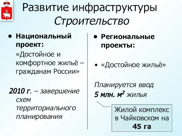 Развитие инфраструктуры Региональные проекты: «Достойное жильё» Планируется ввод 5 млн. м2 жилья