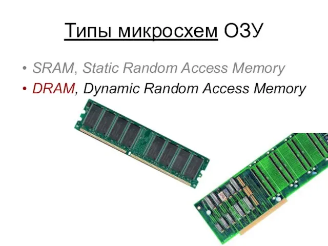 Типы микросхем ОЗУ SRAM, Static Random Access Memory DRAM, Dynamic Random Access Memory