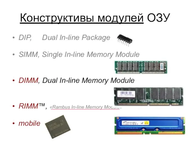 Конструктивы модулей ОЗУ DIP, Dual In-line Package SIMM, Single In-line Memory Module