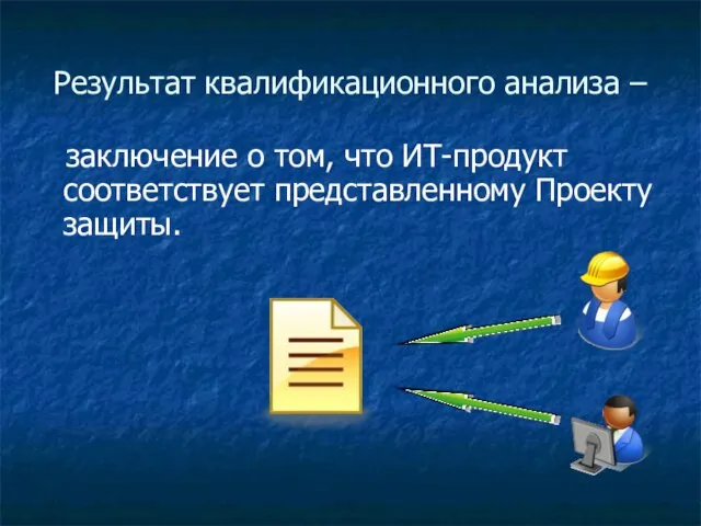 Результат квалификационного анализа – заключение о том, что ИТ-продукт соответствует представленному Проекту защиты.