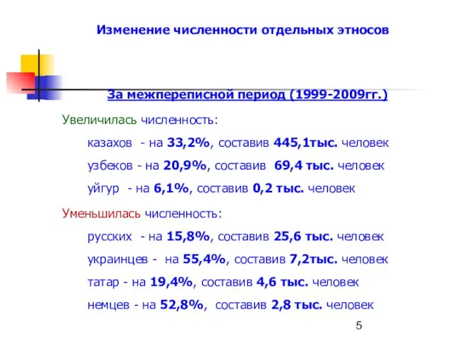 За межпереписной период (1999-2009гг.) Увеличилась численность: казахов - на 33,2%, составив 445,1тыс.