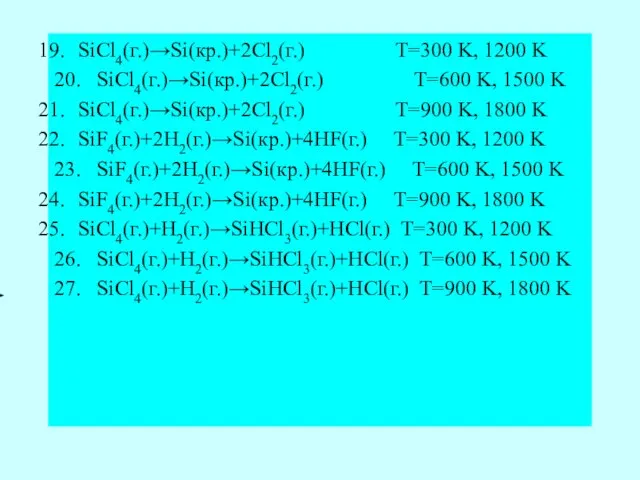 SiCl4(г.)→Si(кр.)+2Cl2(г.) T=300 K, 1200 K 20. SiCl4(г.)→Si(кр.)+2Cl2(г.) T=600 K, 1500 K SiCl4(г.)→Si(кр.)+2Cl2(г.)