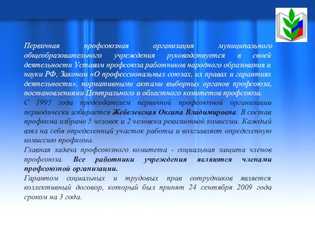 Первичная профсоюзная организация муниципального общеобразовательного учреждения руководствуется в своей деятельности Уставом профсоюза