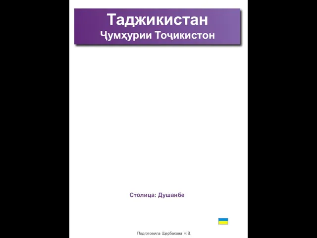 Подготовила Щербакова Н.В. Таджикистан Ҷумҳурии Тоҷикистон Столица: Душанбе