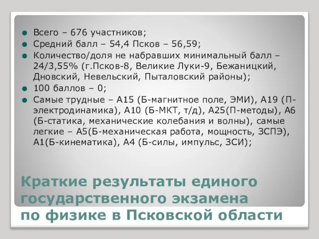 Краткие результаты единого государственного экзамена по физике в Псковской области Всего –