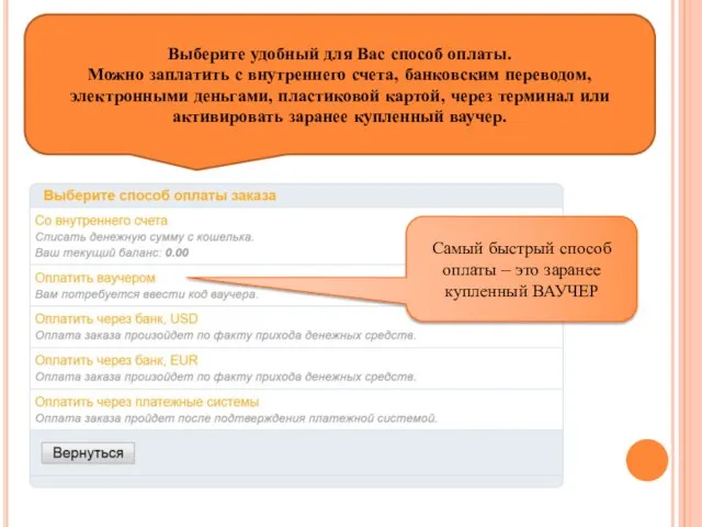 Самый быстрый способ оплаты – это заранее купленный ВАУЧЕР Выберите удобный для