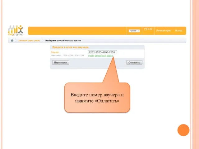 Введите номер ваучера и нажмите «Оплатить»
