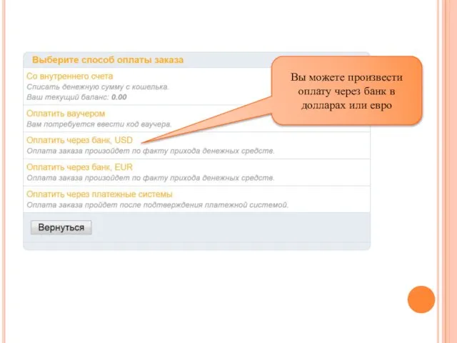 Вы можете произвести оплату через банк в долларах или евро
