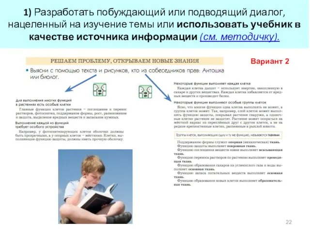 1) Разработать побуждающий или подводящий диалог, нацеленный на изучение темы или использовать