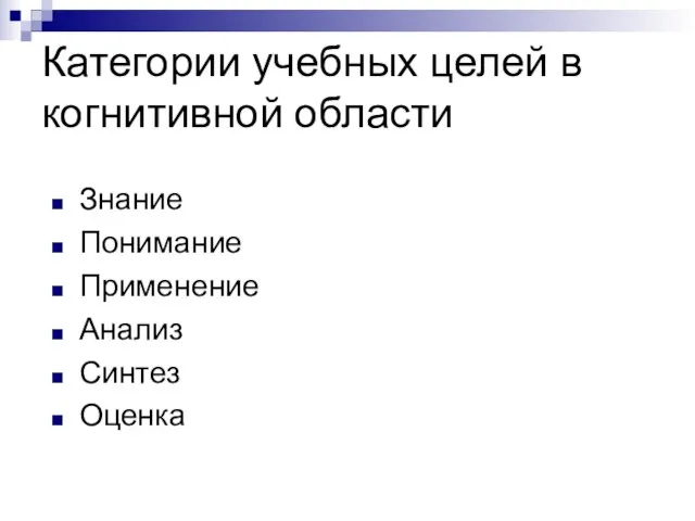 Знание Понимание Применение Анализ Синтез Оценка Категории учебных целей в когнитивной области