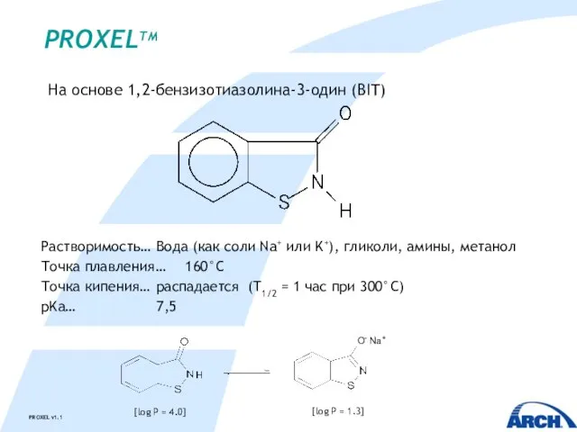 PROXELTM На основе 1,2-бензизотиазолина-3-один (BIT) Растворимость… Вода (как соли Na+ или K+),