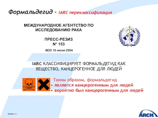 Формальдегид – IARC переклассификация ВОЗ 15 июня 2004 МЕЖДУНАРОДНОЕ АГЕНТСТВО ПО ИССЛЕДОВАНИЮ