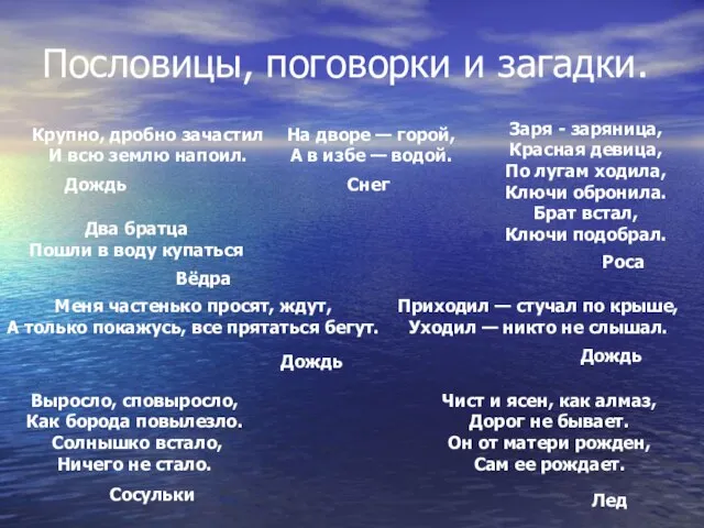 Пословицы, поговорки и загадки. Крупно, дробно зачастил И всю землю напоил. Заря