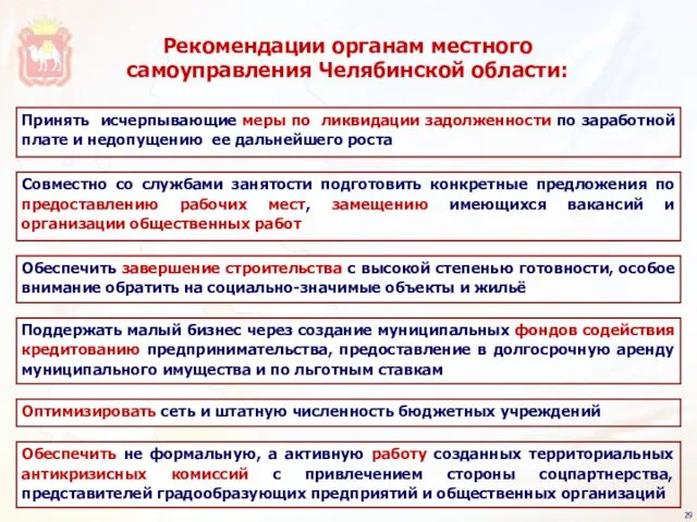 Рекомендации органам местного самоуправления Челябинской области: Принять исчерпывающие меры по ликвидации задолженности