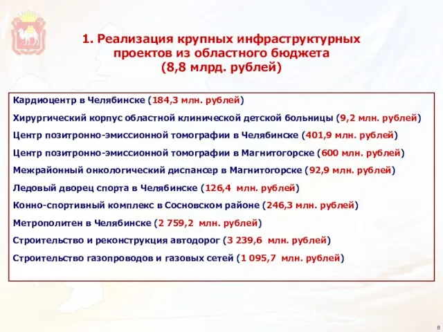 1. Реализация крупных инфраструктурных проектов из областного бюджета (8,8 млрд. рублей) Кардиоцентр