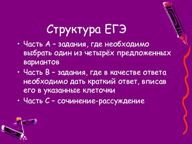 Структура ЕГЭ Часть А – задания, где необходимо выбрать один из четырёх