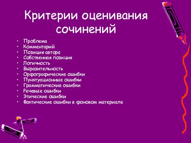 Критерии оценивания сочинений Проблема Комментарий Позиция автора Собственная позиция Логичность Выразительность Орфографические