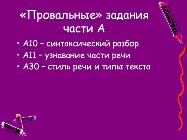 «Провальные» задания части А А10 – синтаксический разбор А11 – узнавание части