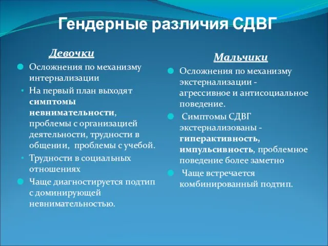 Гендерные различия СДВГ Девочки Осложнения по механизму интернализации На первый план выходят