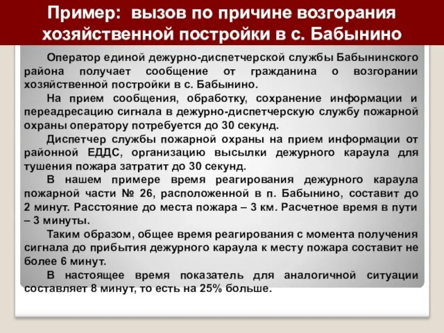 Пример: вызов по причине возгорания хозяйственной постройки в с. Бабынино Оператор единой