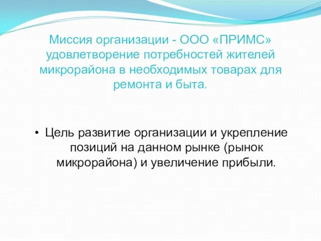 Миссия организации - ООО «ПРИМС» удовлетворение потребностей жителей микрорайона в необходимых товарах