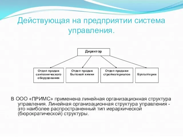 Действующая на предприятии система управления. В ООО «ПРИМС» применена линейная организационная структура