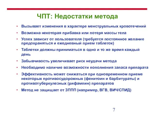 ЧПТ: Недостатки метода Вызывает изменения в характере менструальных кровотечений Возможна некоторая прибавка