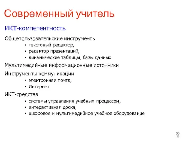 Современный учитель ИКТ-компетентность Общепользовательские инструменты текстовый редактор, редактор презентаций, динамические таблицы, базы