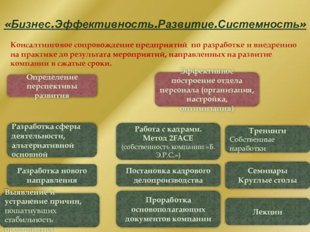 «Бизнес.Эффективность.Развитие.Системность» Консалтинговое сопровождение предприятий по разработке и внедрению на практике до результата