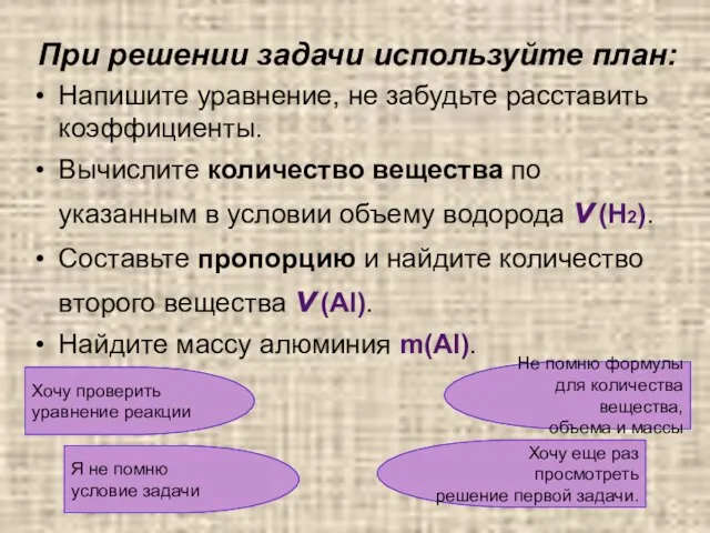 При решении задачи используйте план: Напишите уравнение, не забудьте расставить коэффициенты. Вычислите