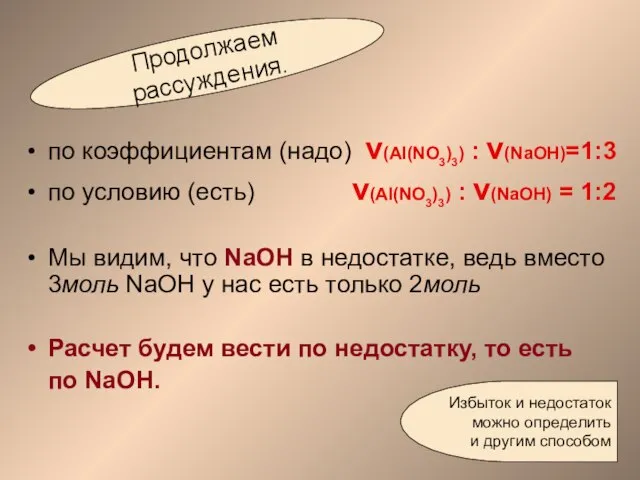 по коэффициентам (надо) ν(Al(NO3)3) : ν(NaOH)=1:3 по условию (есть) ν(Al(NO3)3) : ν(NaOH)