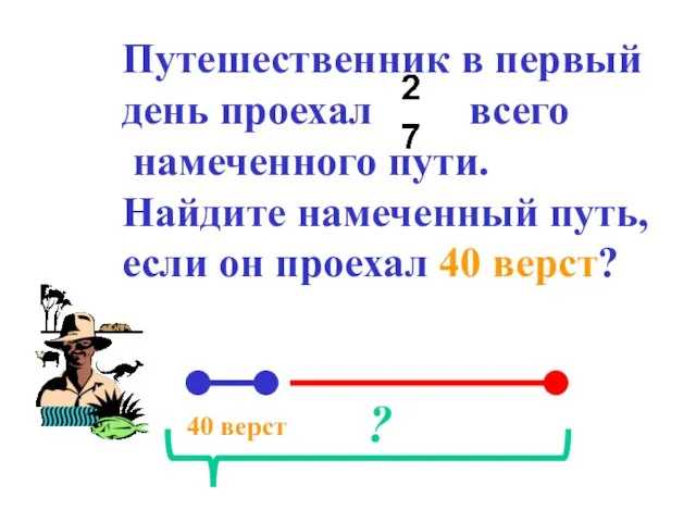 Путешественник в первый день проехал всего намеченного пути. Найдите намеченный путь, если