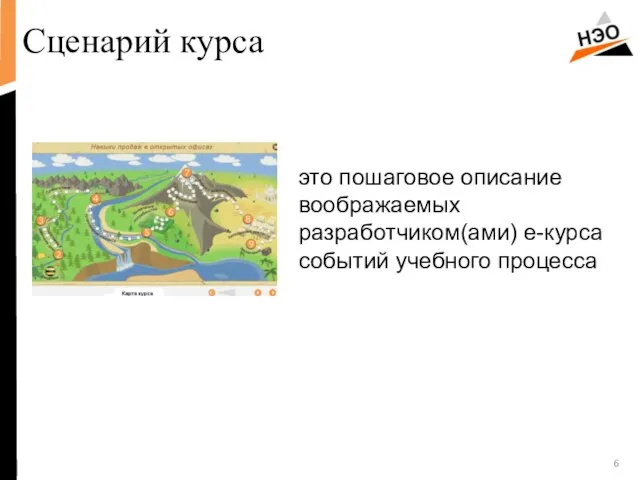 это пошаговое описание воображаемых разработчиком(ами) e-курса событий учебного процесса Сценарий курса