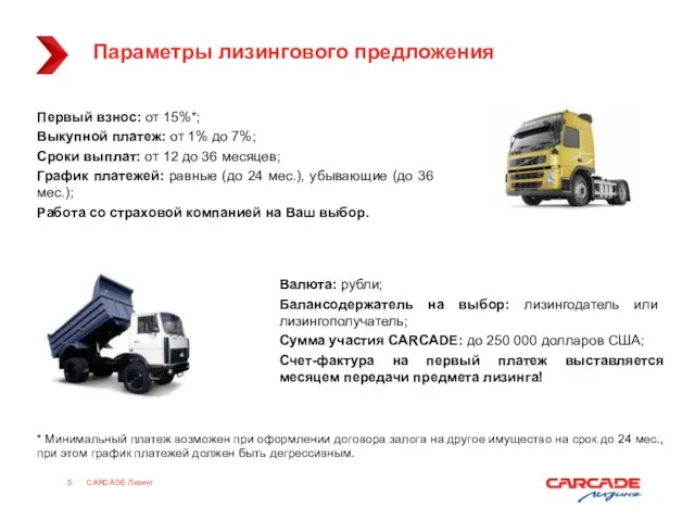 CARCADE Лизинг Параметры лизингового предложения Первый взнос: от 15%*; Выкупной платеж: от