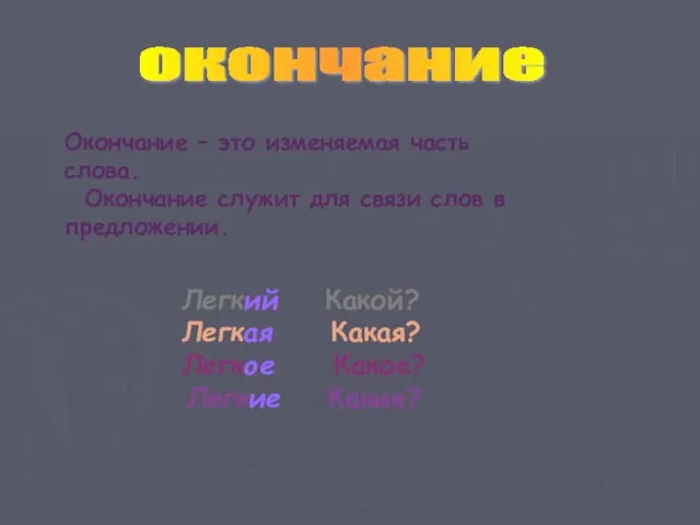 Окончание – это изменяемая часть слова. Окончание служит для связи слов в