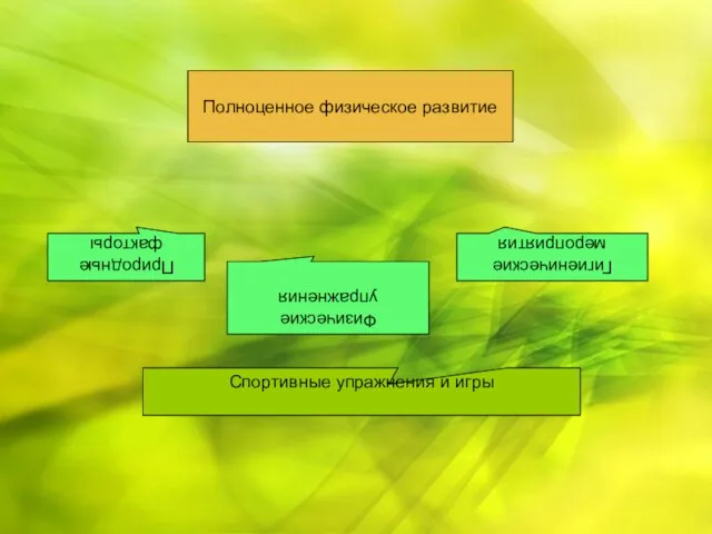 Полноценное физическое развитие Природные факторы Физические упражнения Гигиенические мероприятия Спортивные упражнения и игры