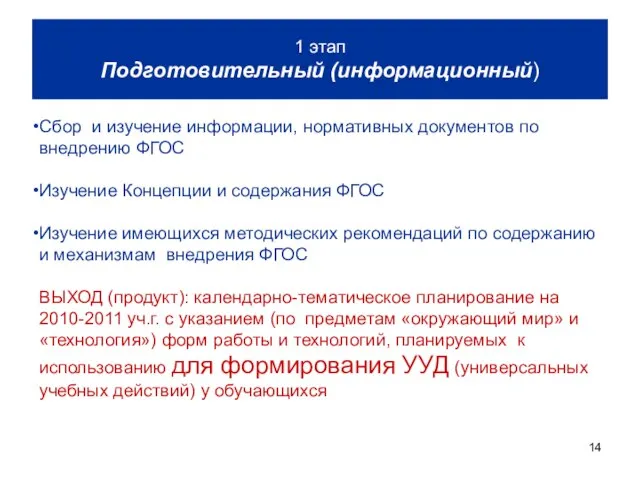 1 этап Подготовительный (информационный) Сбор и изучение информации, нормативных документов по внедрению