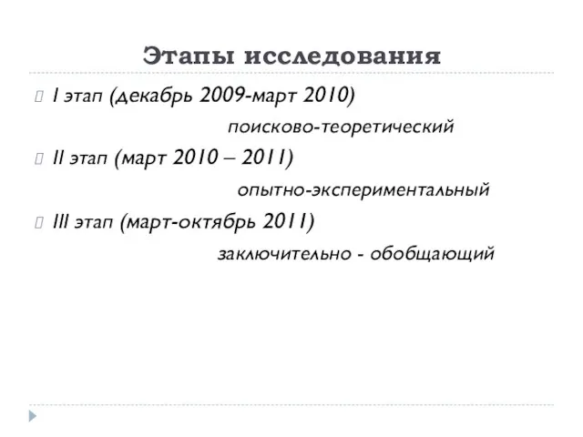 Этапы исследования I этап (декабрь 2009-март 2010) поисково-теоретический II этап (март 2010