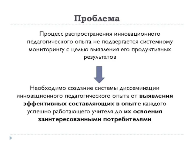 Проблема Процесс распространения инновационного педагогического опыта не подвергается системному мониторингу с целью