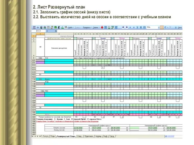 2. Лист Развернутый план 2.1. Заполнить график сессий (внизу листа) 2.2. Выставить