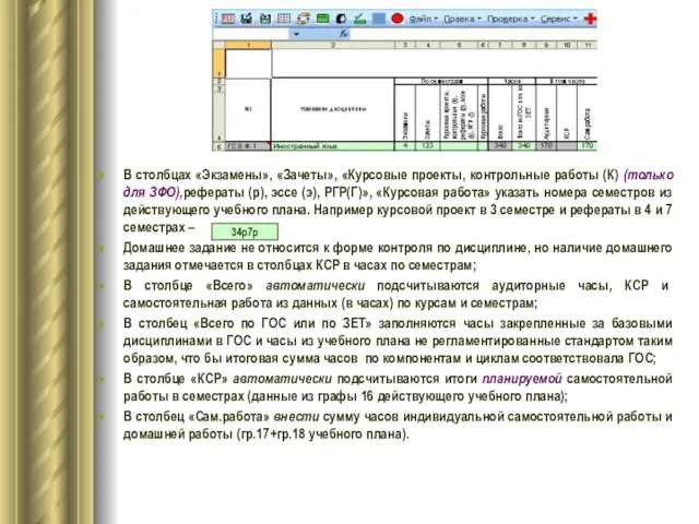 В столбцах «Экзамены», «Зачеты», «Курсовые проекты, контрольные работы (К) (только для ЗФО),рефераты