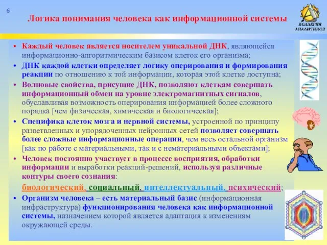 Логика понимания человека как информационной системы Каждый человек является носителем уникальной ДНК,