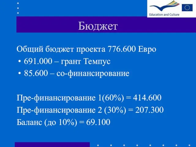 Бюджет Общий бюджет проекта 776.600 Евро 691.000 – грант Темпус 85.600 –